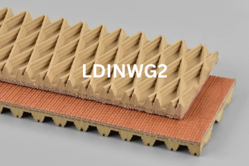 Light Duty Incline Wedgegrip conveyor belt labeled LDINWG2 with description of 2-Ply 150 PIW Tan Wedgegrip X Bare
