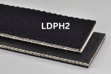 Light Duty Package Handling conveyor belt labeled LDPH2 with description of 3-Ply CP30 Black 1/16 Pebbletop X FS
