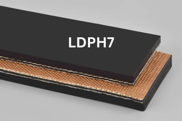 Light Duty Package Handling conveyor belt labeled LDPH7 with description of 2-Ply 220 PIW Black 1/8 X Bare MOR
