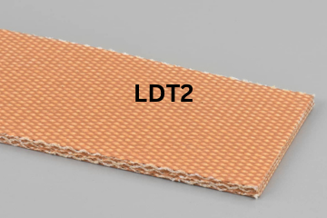Light Duty Transmission conveyor belt labeled LDT2 with description of 3-Ply CP30 Tan FS X FS
