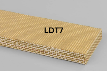 Light Duty Transmission conveyor belt labeled LDT7 with description of 6-Ply 35 Oz. Tan Silver Hard Duck X FS
