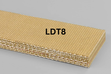 Light Duty Transmission conveyor belt labeled LDT8 with description of 8-Ply 35 Oz. Tan Silver Hard Duck X FS
