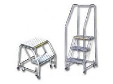 Two metal rolling step stools: one short, two-step, and one tall, three-step with a handrail.