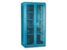 Blue, perforated metal cabinet with double doors and shelves.