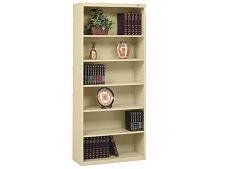 Tan metal bookshelf with six shelves holding books and decorative items.
