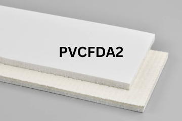 PVC FDA conveyor belt labeled PVCFDA2 with description of PVC 150 White C X FS OR/FDA
