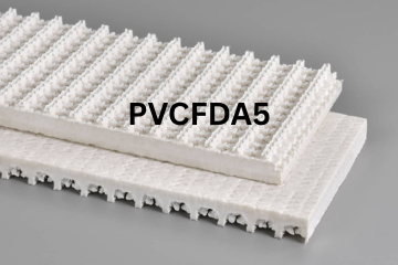 PVC FDA conveyor belt labeled PVCFDA5 with description of PVC 100 White Roughtop X FS OR FDA
