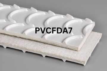 PVC FDA conveyor belt labeled PVCFDA7 with description of PVC 120 White Crescent Top X FS FDA
