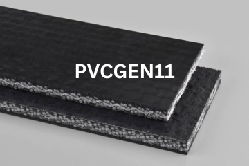 PVC General conveyor belt labeled PVCGEN11 with description of PVC 250 Black C X FS
