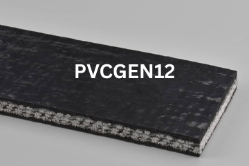PVC General conveyor belt labeled PVCGEN12 with description of PVC 350 Black C X C SC/FR
