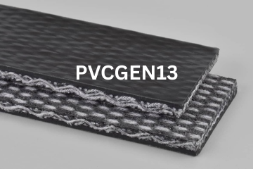 PVC General conveyor belt labeled PVCGEN13 with description of PVC 350 Black C X Brushed FR/SC
