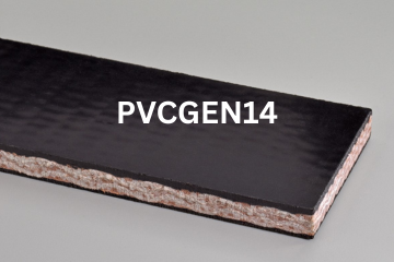 PVC General conveyor belt labeled PVCGEN14 with description of PVC 450 Black C X C SC/FR
