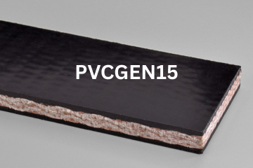 PVC General conveyor belt labeled PVCGEN15 with description of PVC 600 Black C X C SC/FR
