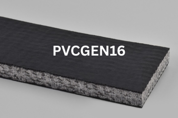 PVC General conveyor belt labeled PVCGEN16 with description of PVC 750 Black C X C SC/FR
