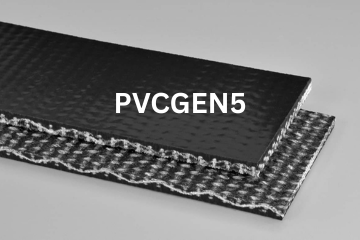PVC General conveyor belt labeled PVCGEN5 with description of PVC 150 Black C X Brushed
