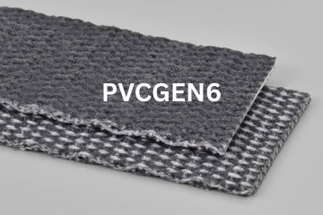 PVC General conveyor belt labeled PVCGEN6 with description of PVC 150 Black FS X Brushed FR
