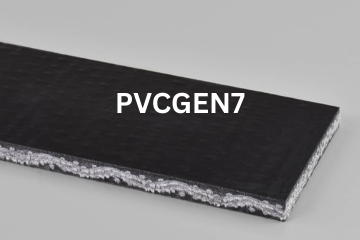 PVC General conveyor belt labeled PVCGEN7 with description of PVC 200 Black C X C SC/FR
