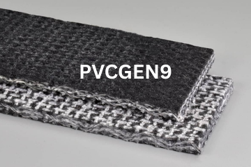 PVC General conveyor belt labeled PVCGEN9 with description of PVC 200 Black FS X Brushed FR
