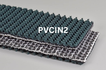 PVC Incline conveyor belt labeled PVCIN2 with description of PVC 120 Green Supergrip Roughtop X Brushed
