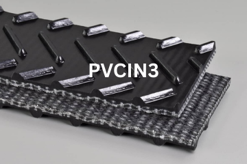 PVC Incline conveyor belt labeled PVCIN3 with description of PVC 100 Blk Chevron Top II X Brushed MOR
