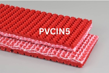 PVC Incline conveyor belt labeled PVCIN5 with description of PVC 200 Red Supergrip Roughtop X Brushed
