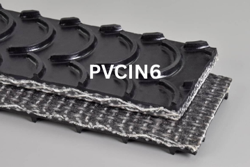 PVC Incline conveyor belt labeled PVCIN6 with description of PVC 200 Black Crescent Top X Brushed
