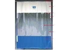 White and blue welding curtain, with clear plastic strips hanging from the top.