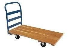Blue and wood platform cart with handle and wheels.