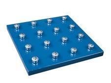 Blue metal plate with sixteen raised bolts.