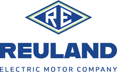 Logo for Reuland Electric Motor Company: blue text, diamond-shaped logo with