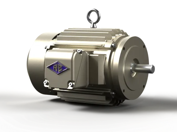 Silver electric motor with a round flange and a lifting eye.