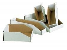 Cardboard bin organizers in varying sizes, angled front, beige interior, white exterior.