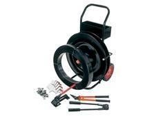 Black strapping cart with metal strapping, tools and clips.
