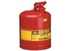 Red Justrite safety can with yellow label, for flammable liquids.