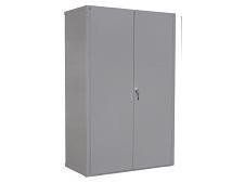Gray metal storage cabinet with two doors and a handle.