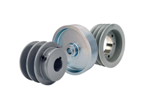 Three metal pulleys with grooves, varying in size and design, on a white background.