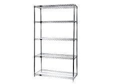 Chrome wire shelving unit with five adjustable shelves.