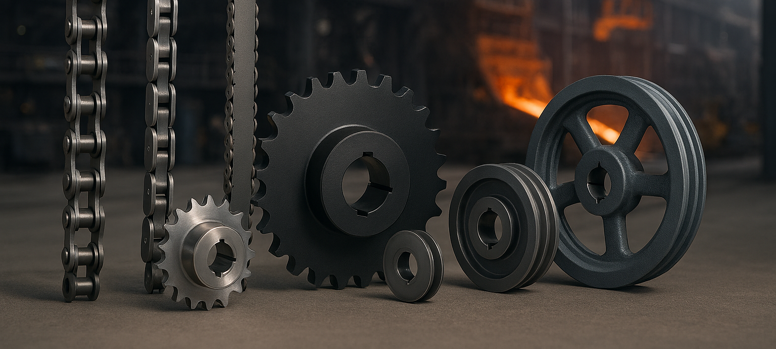Metal gears, sprockets, and chains arranged on a dark, industrial surface.