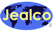 Jealco logo: Yellow text on a blue oval with a dark blue world map background.