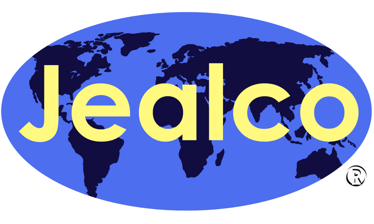 Jealco logo: Yellow text on a blue oval with a dark blue world map background.