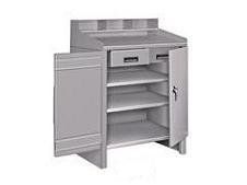 Gray metal cabinet with open doors, shelves, and a drawer.