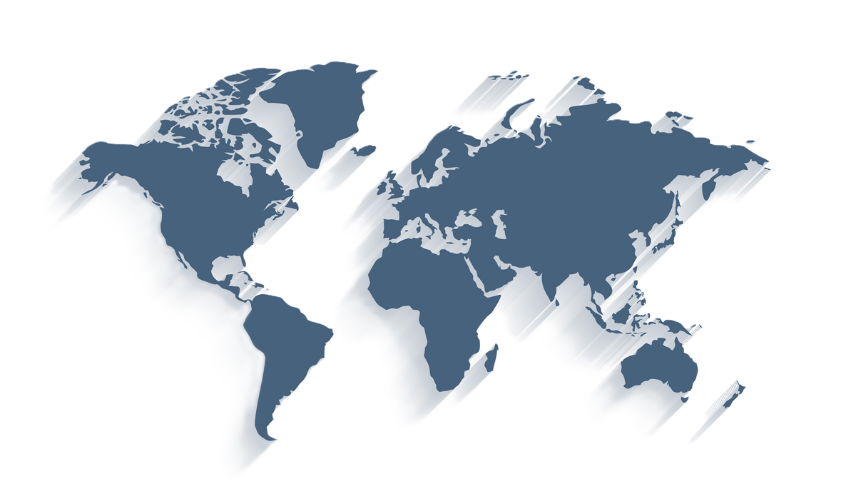 World map in shades of blue with a shadow.