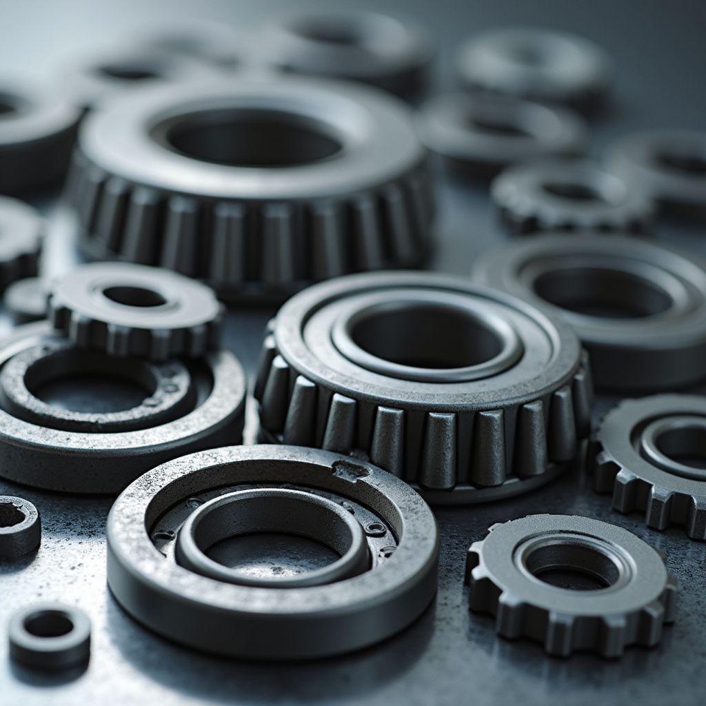 Close-up of various metal bearings scattered on a surface, showing different sizes and designs.