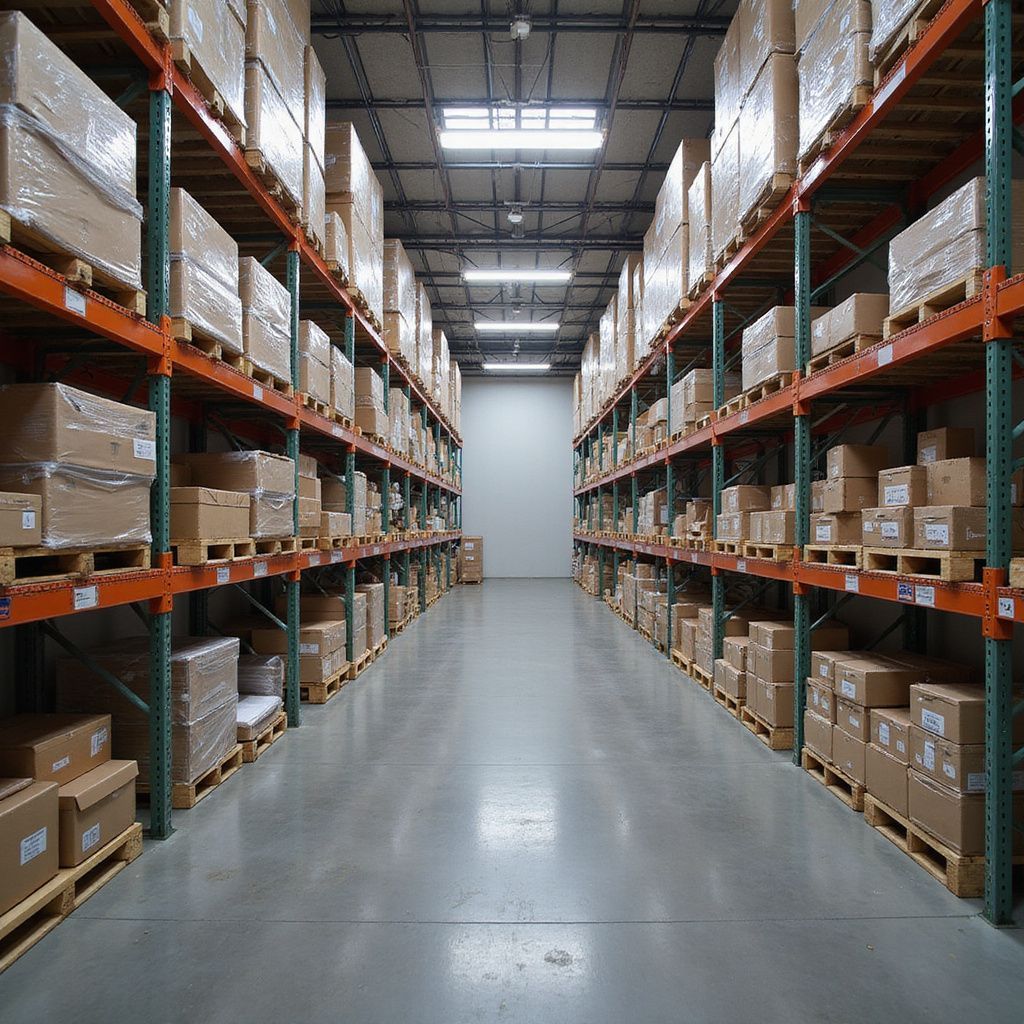 Warehouse interior with rows of shelves holding boxes and pallets.