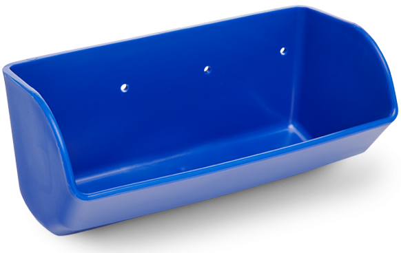 Blue plastic feed trough with three holes for mounting.