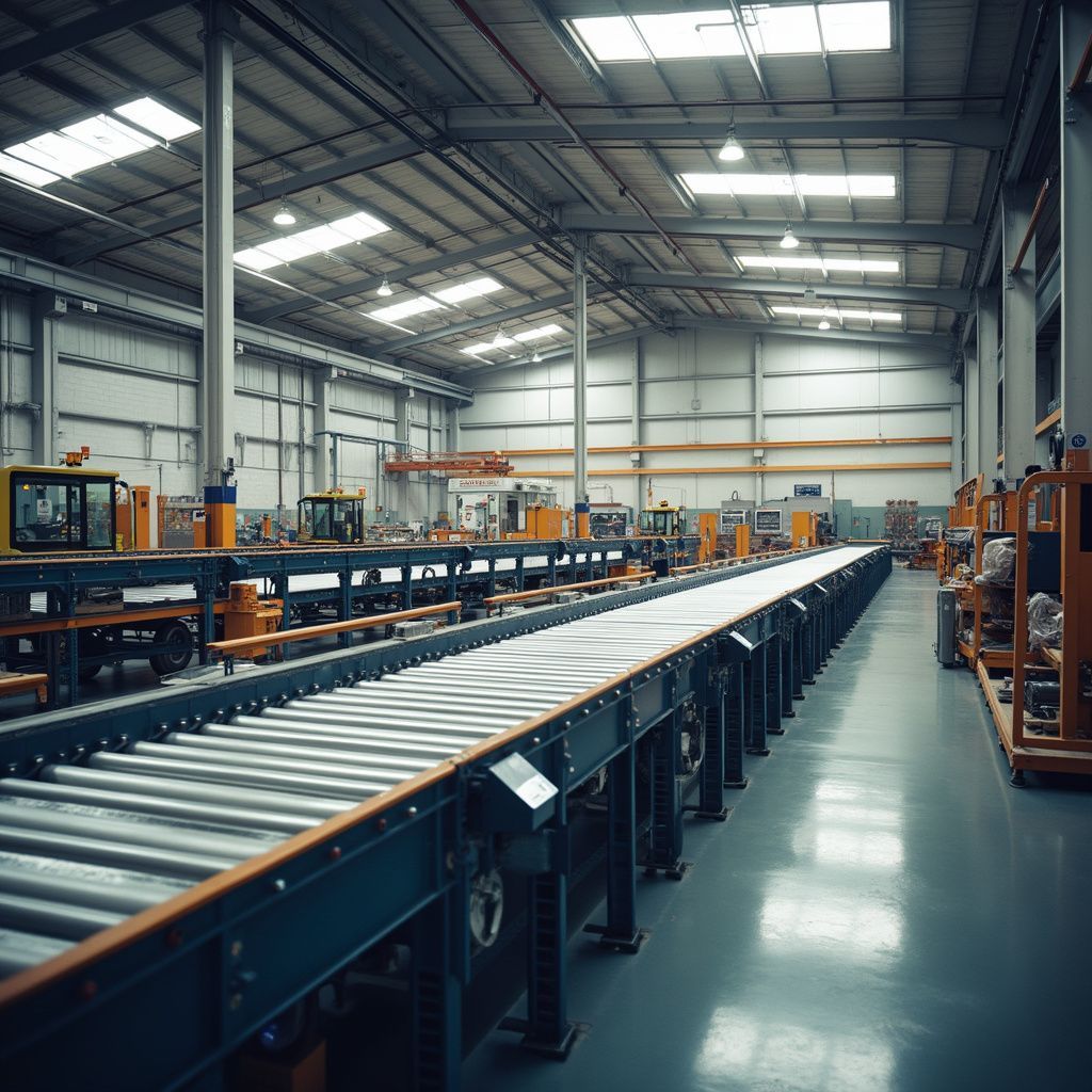 Factory interior with long conveyor belt, machinery, and equipment. Brightly lit warehouse space.