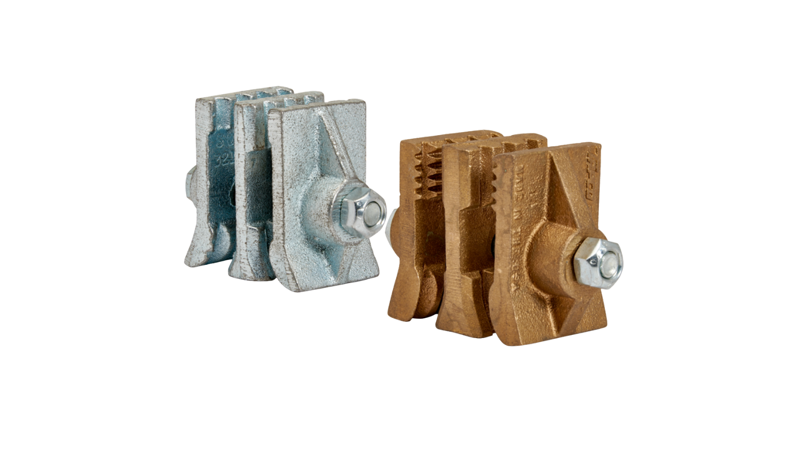 Two metal connectors: silver and bronze, with bolt fasteners.