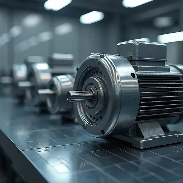 Row of industrial electric motors on a metallic surface in a factory setting.