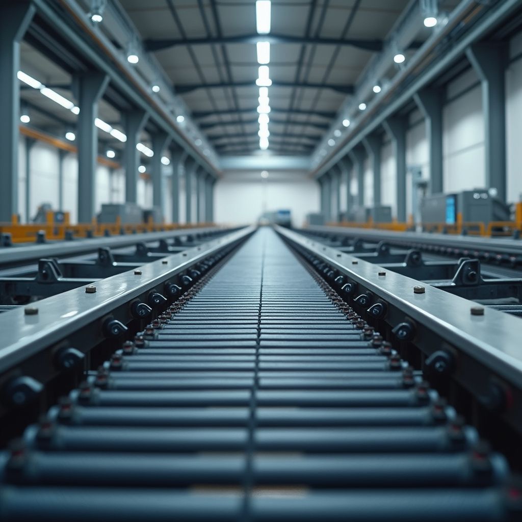 Long conveyor belt in a factory, with overhead lighting and structural supports.