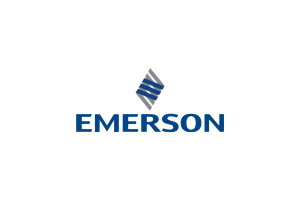 Emerson logo: blue text, a stylized silver diamond graphic with interconnected lines.